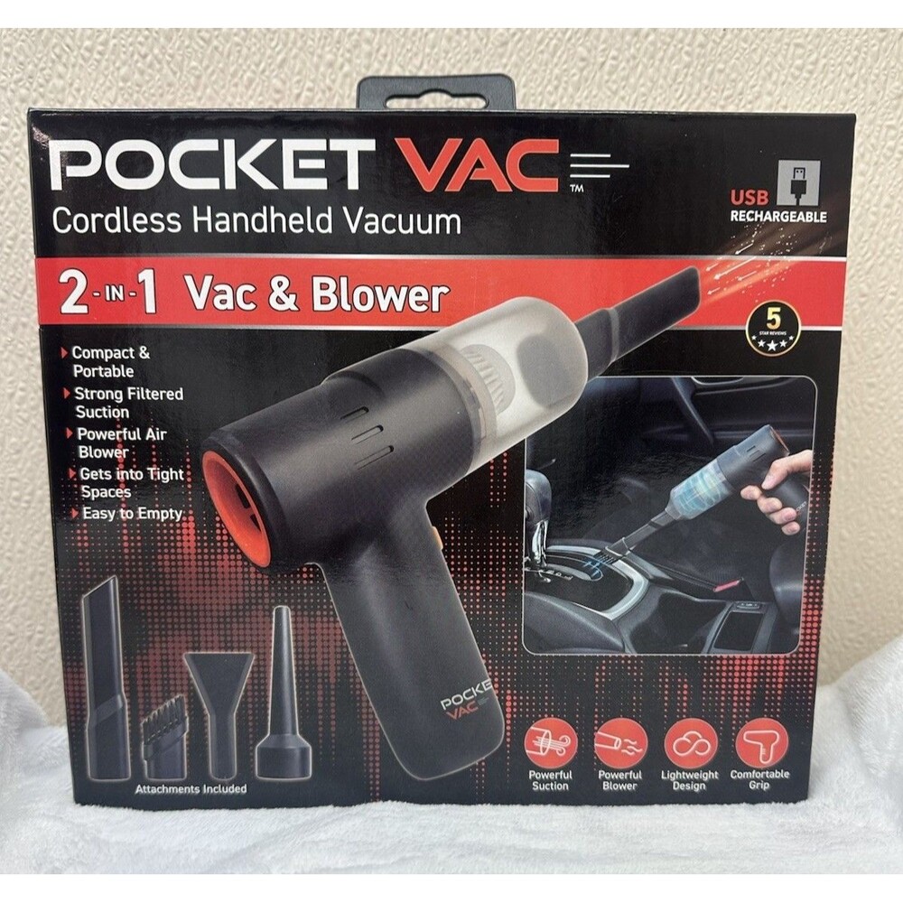 Pocket Vac Cordless Handheld Vacuum 2 in 1 Vac and Blower USB Rechargeable New